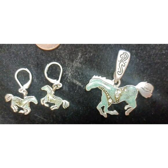 Enameled Blue Horse Charm and Earrings Western Cowboy Rodeo Range Pierced - Picture 8 of 8